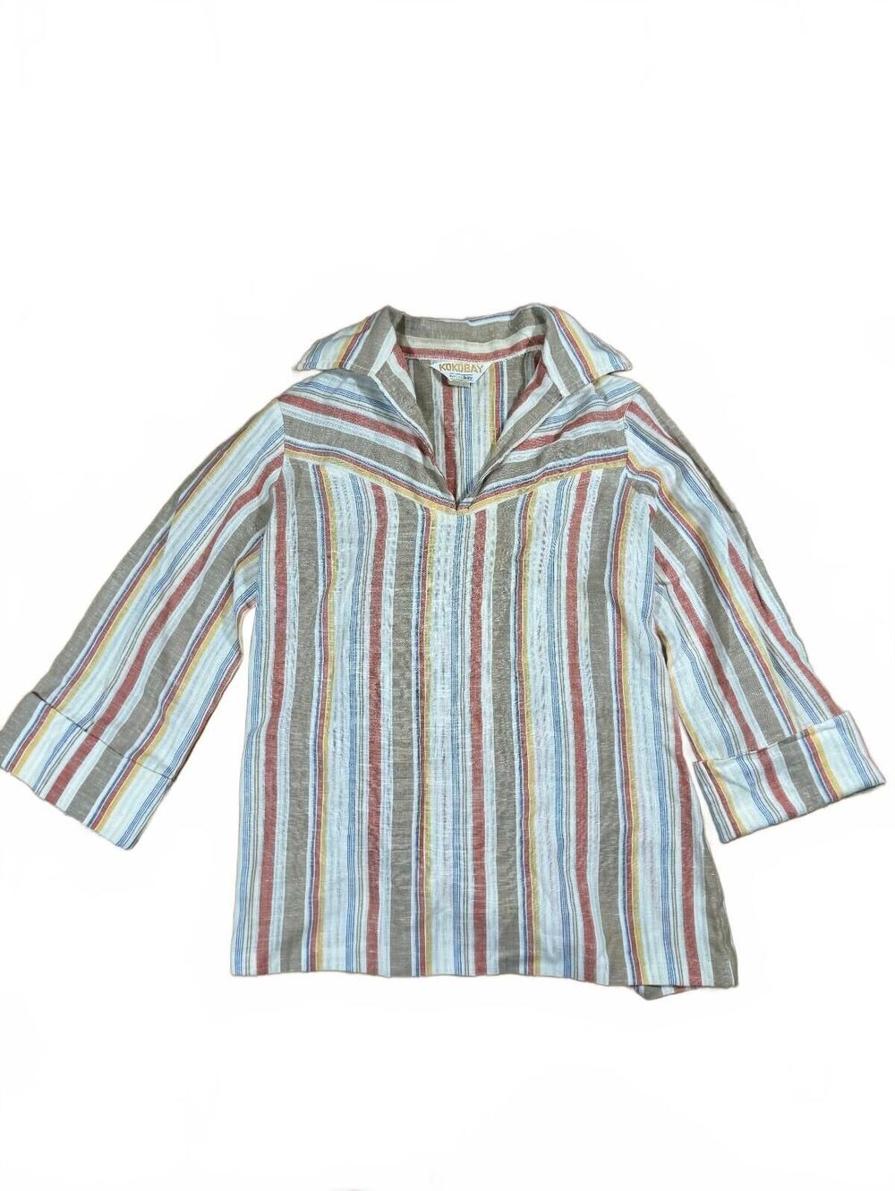 True Vintage 70's Vertical Stripped Henley Top With 3/4 Sleeves Measures Size S